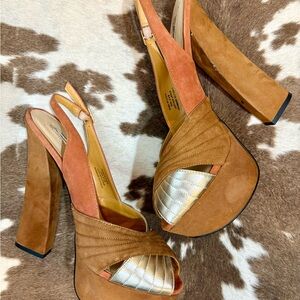 H by Halston Tan and Gold Platform Heels